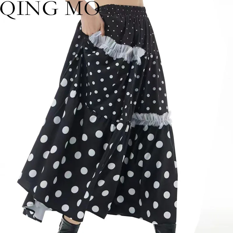 

QING MO Large Size A-line Skirt Woman 2023 Summer The New Fashion Leisure Polka Dots Mesh Splicing Irregular Skirt LHX365A