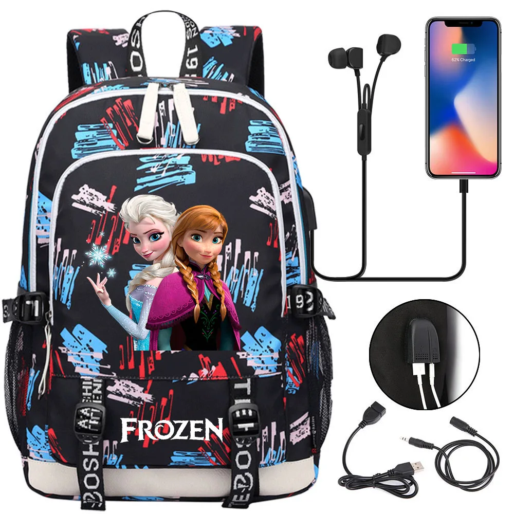 

Disney Frozen Elsa Anna Backpacks Teenager USB Charging Laptop Backpack Women Men Rucksack Mochila Travel Bag