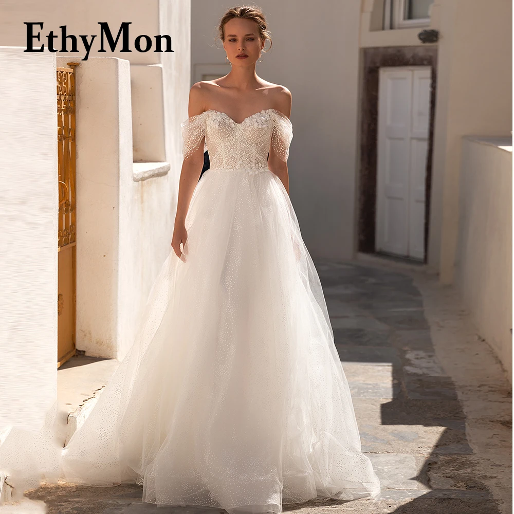 

Ethymon Polka Dot Sweetheart Simple Off The Shoulder Wedding Dresses For Bride Tulle Customised Robe De Soirée De Mariage Pleat