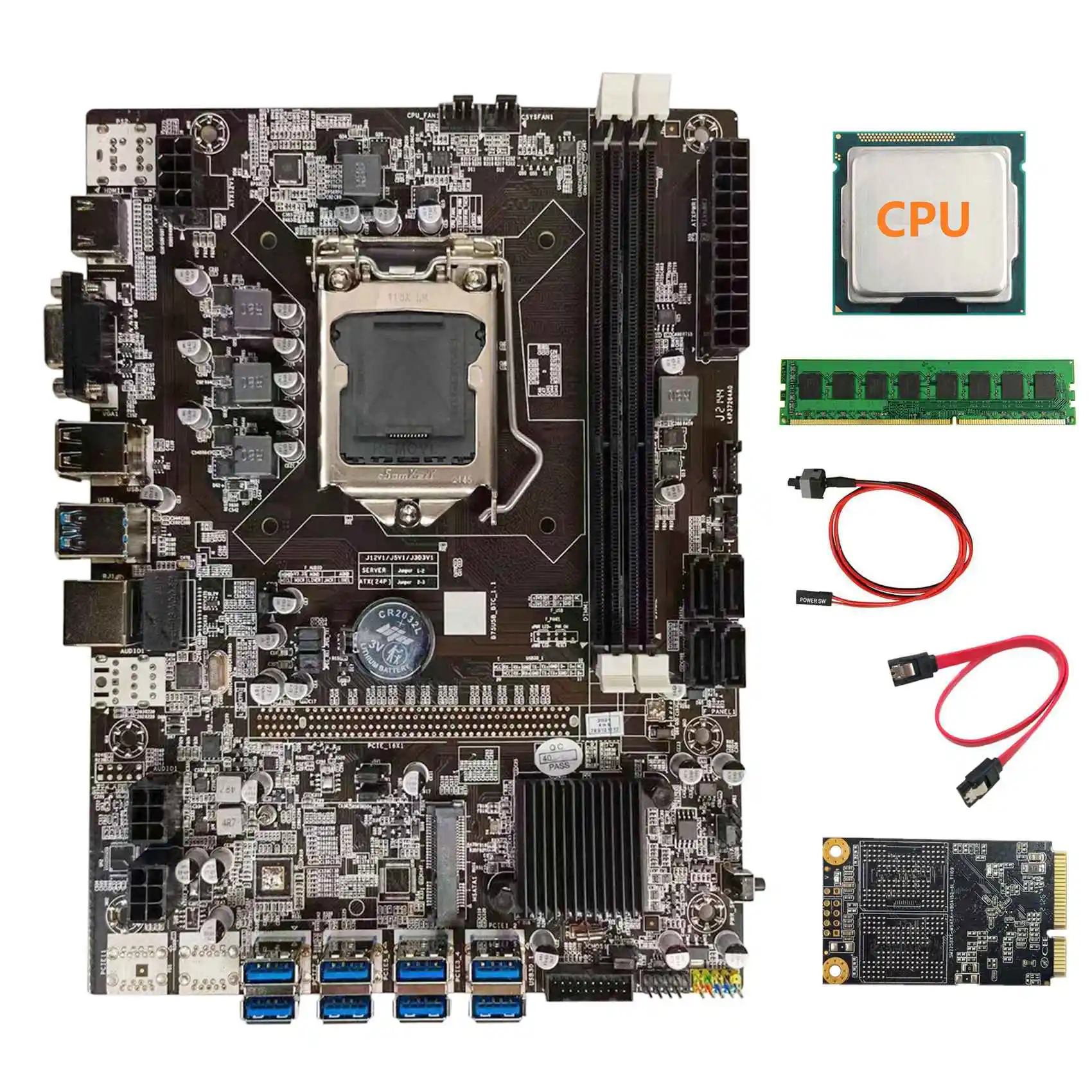 B75 BTC Mining Motherboard+Random CPU+DDR3 4GB 1600Mhz RAM+128G SSD+SATA Cable+Switch Cable LGA1155 8XPCIE to USB Board
B75 BTC Mining Motherboard+Random CPU+DDR3 4GB 1600Mhz RAM+128G SSD+SATA Cable+Switch Cable LGA1155 8XPCIE to USB Board