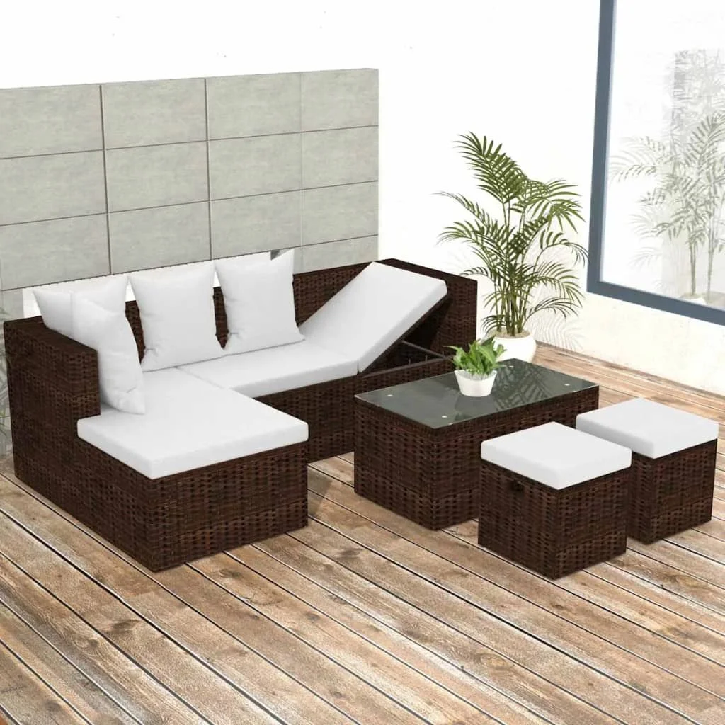 

4 Piece Patio Lounge Set with Cushions Poly Rattan Brown B Outdoor Table and Chair Sets Outdoor Furniture Sets