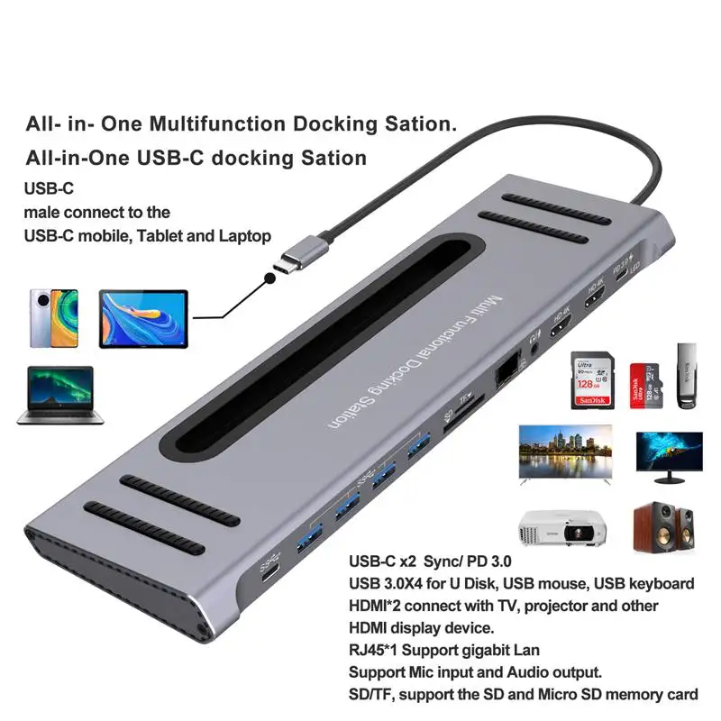 

12-In-1 Multiport 3.5mm Jack PD Charging USB 3.0 4K Dual HDMI Rj45 Ethernet USB Type-C Hub Docking Station For Macbook Laptop PC
