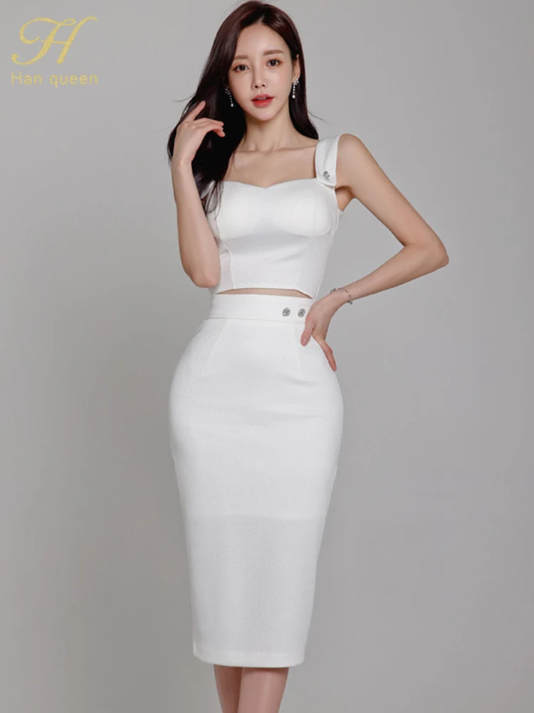 

Женский летний костюм с юбкой H Han Queen, элегантный корейский стиль, короткий топ и юбка-карандаш с высокой талией, повседневный вечерний костюм из двух предметов
