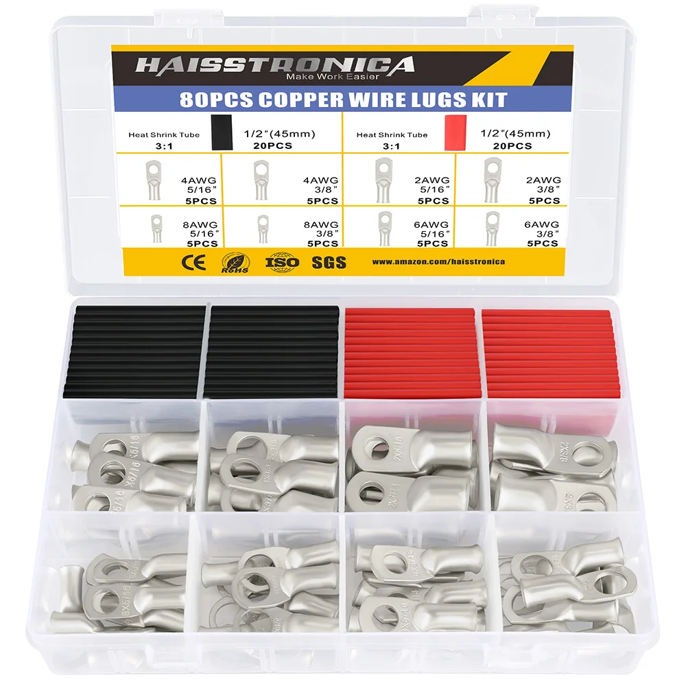 haisstronica 80PCS Tinned Copper Wire Lugs Kit,AWG 8 6 4 2 Battery Cable Lugs,Battery Terminals with 3:1 Heat Shrink Tube
haisstronica 80PCS Tinned Copper Wire Lugs Kit,AWG 8 6 4 2 Battery Cable Lugs,Battery Terminals with 3:1 Heat Shrink Tube