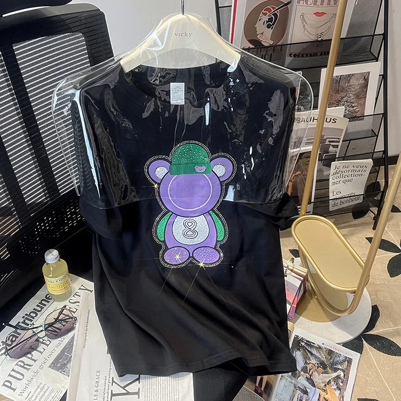 Women's Summer New Hot-drilling Short-sleeved Black T-shirt Cartoon Diamonds Streetwear Women Top Kawaii Tees
Women's Summer New Hot-drilling Short-sleeved Black T-shirt Cartoon Diamonds Streetwear Women Top Kawaii Tees