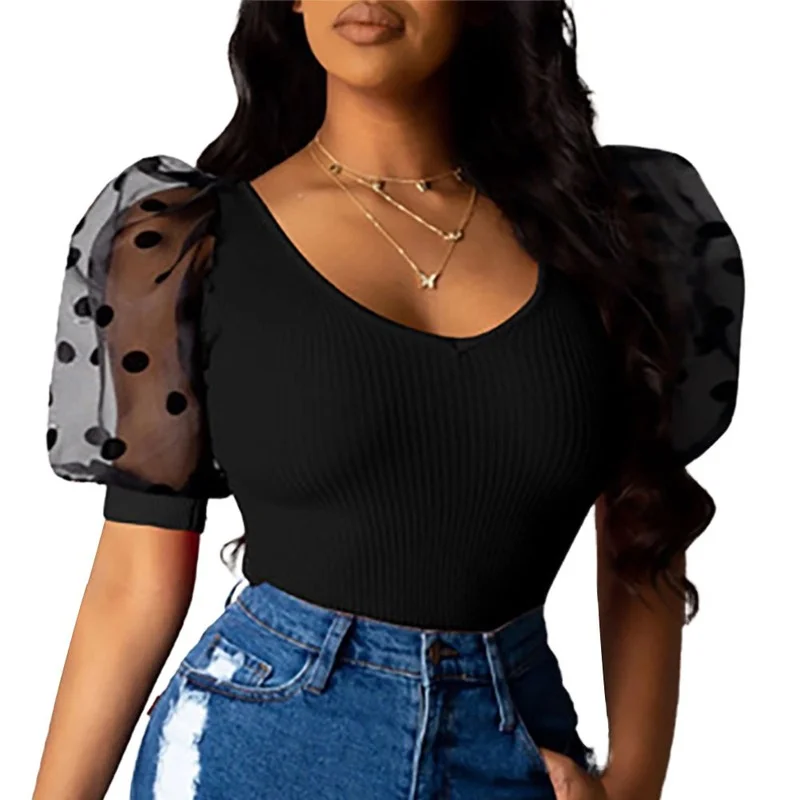 Sexy Short Sleeve Tops 2021 Women Skinny Club Fashion T Shirts Summer Vintage Low Cut Rib Polka Dot Puff Sleeve T-shirt Ladies
Sexy Short Sleeve Tops 2021 Women Skinny Club Fashion T Shirts Summer Vintage Low Cut Rib Polka Dot Puff Sleeve T-shirt Ladies