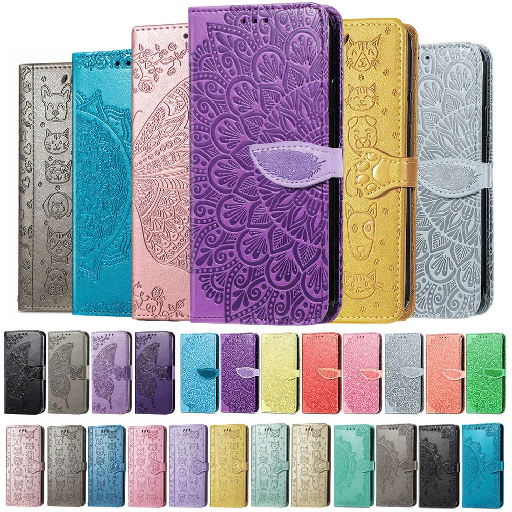 

Flip Leather Case For Zte A31 A51 Lite Plus A5 2020 Card Wallet Phone Book Cover Cat Dog Mandala Leaf Embossing Housing Stand