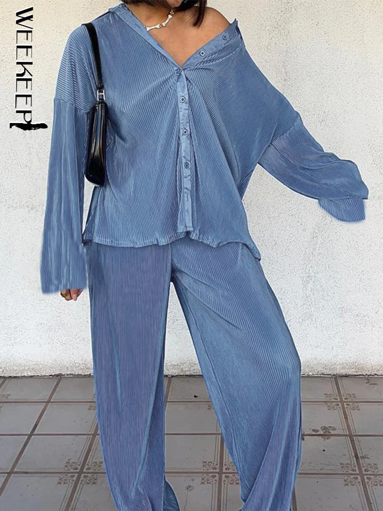 Weekeep Casual Solid Two Piece Set Long Sleeve Button Up Shirts And High Waist Wide Leg Pants Suit Women Basic Baggy Tracksuits
Weekeep Casual Solid Two Piece Set Long Sleeve Button Up Shirts And High Waist Wide Leg Pants Suit Women Basic Baggy Tracksuits