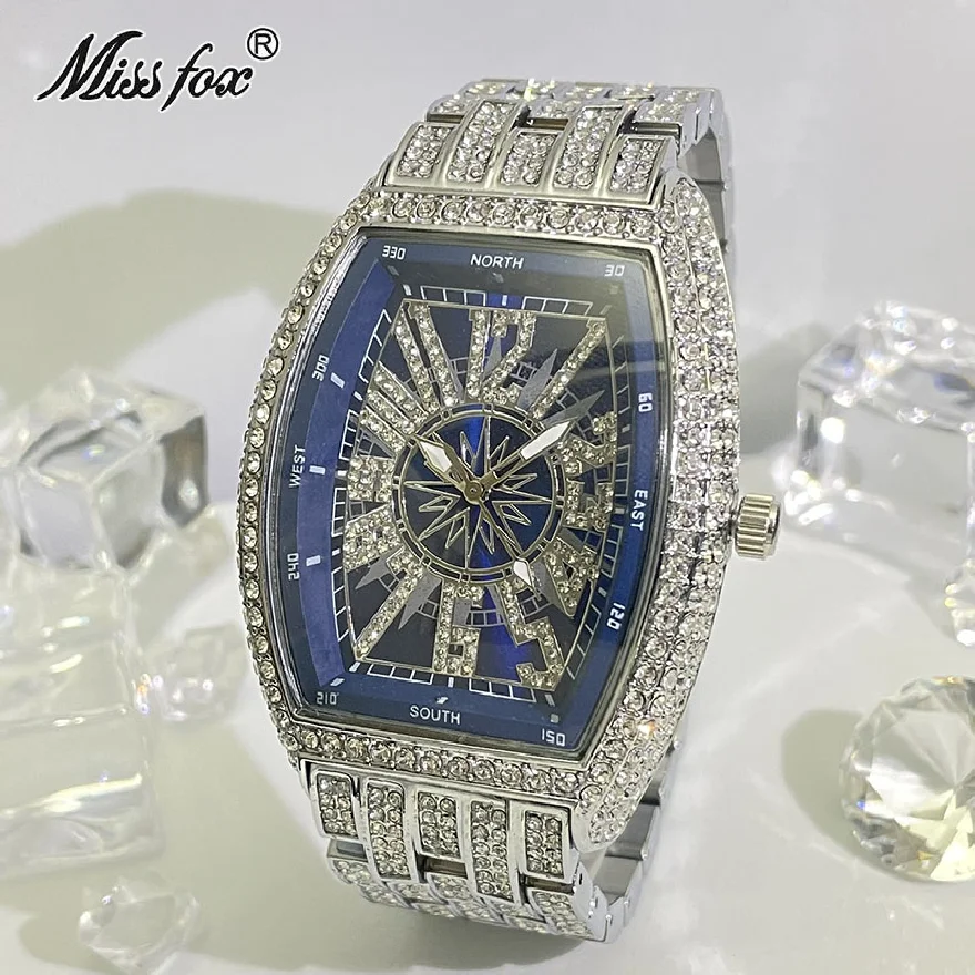 MISSFOX Iced Watches Men Luxury Brand Fashion Quartz Wristwatch Diamond Waterprof Luminous Tonneau Clock Male Gift Free Shipping 
MISSFOX Iced Watches Men Luxury Brand Fashion Quartz Wristwatch Diamond Waterprof Luminous Tonneau Clock Male Gift Free Shipping