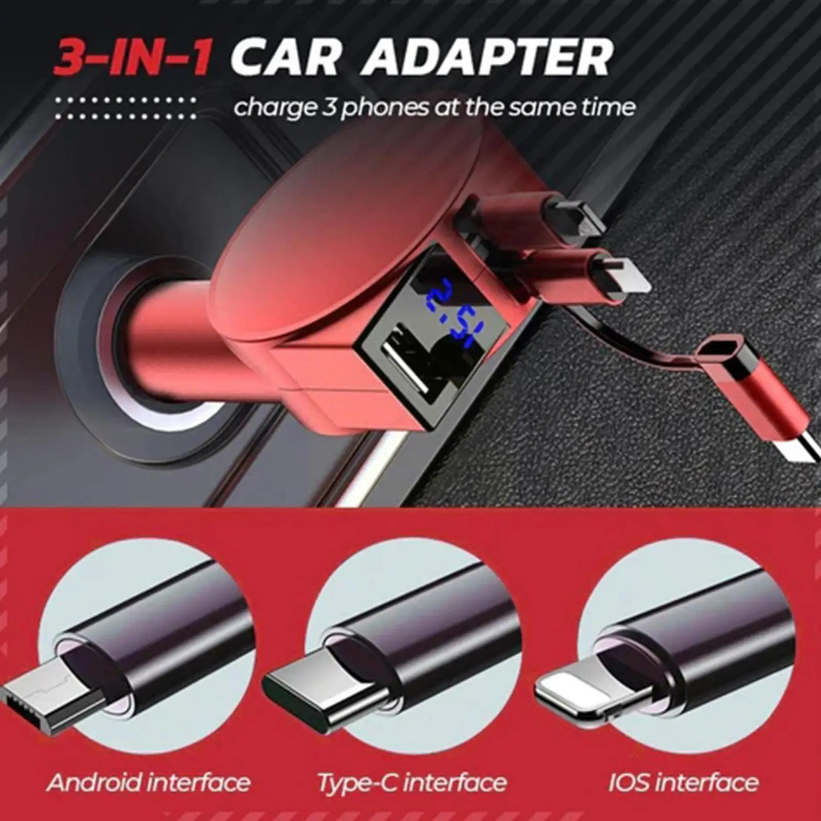 

3 In 1 Retractable Car Chargers Type C Micro Usb Android Interface Super Fast Charging For Charging Cables Ad C9r5 N5v4