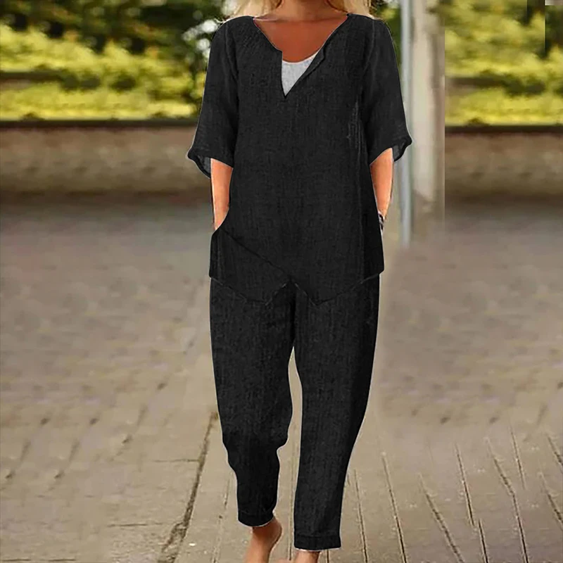 New Spring Autumn Solid Cotton Linen Outfit Women Crew Neck Top Pullover & Straight Pants Set Retro Half Sleeve Female 2pcs Suit
New Spring Autumn Solid Cotton Linen Outfit Women Crew Neck Top Pullover & Straight Pants Set Retro Half Sleeve Female 2pcs Suit