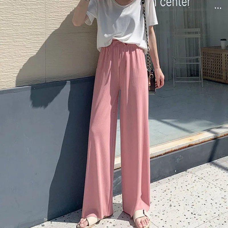 

2023 Ice Silk Wide-leg Pants Women High Waist Drape Black Loose Summer Thin Section Mopping The Floor Casual Straight Trousers