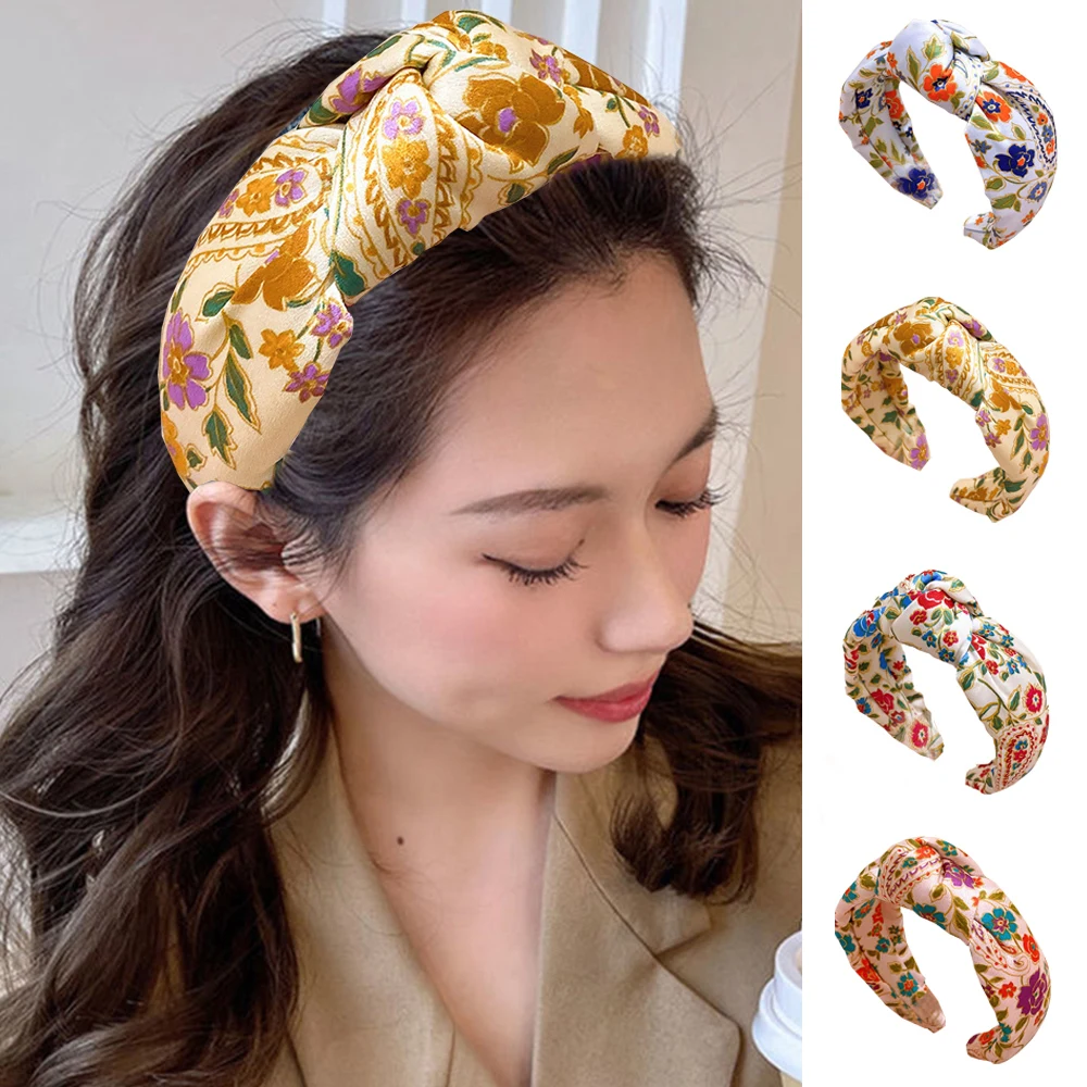 

Floral Twisted Cross Knot Hair Hoop Women Bohemian Ethnic Flower Print Headband Center Knotted Wide Hairband Hair Accessories