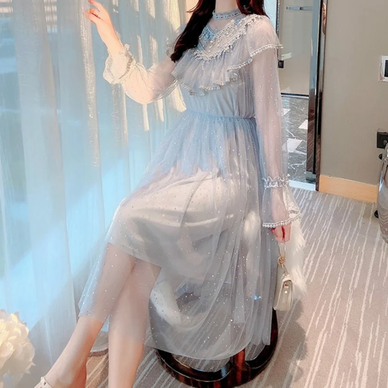 New Stand Collar Beading Tassels Soild Ruffles Mesh Dress Cute Mid Dress Vestidos 2021 Women Summer Romantic Tulle Fairy Dress
New Stand Collar Beading Tassels Soild Ruffles Mesh Dress Cute Mid Dress Vestidos 2021 Women Summer Romantic Tulle Fairy Dress