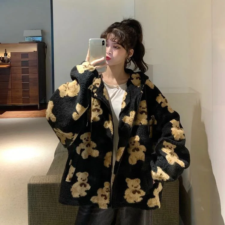 Harajuku Bear Teddy Print Plush Jacket Women Winter 2022 Female Korean Fluffy Hooded Coat Thick Warm Couple Streetwear Outerwear
Harajuku Bear Teddy Print Plush Jacket Women Winter 2022 Female Korean Fluffy Hooded Coat Thick Warm Couple Streetwear Outerwear