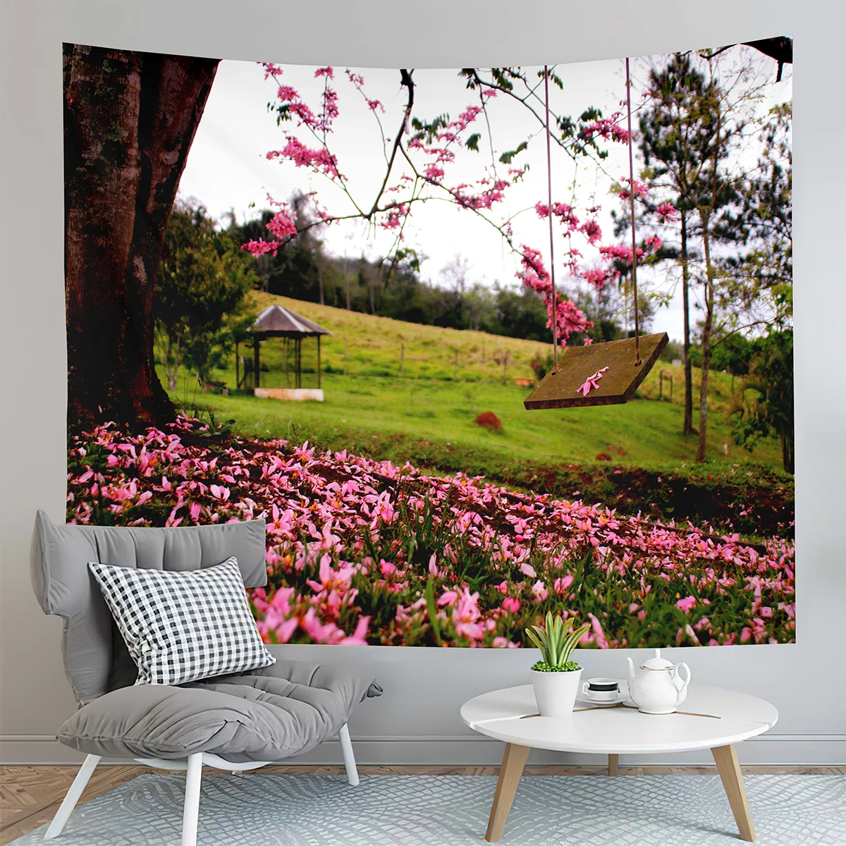 

Spring Flowers Tapestry Green Grass Swing Tapestry Natural Scenery Tapestry Art Tapestries Home Living Room Bedroom Dorm Decor