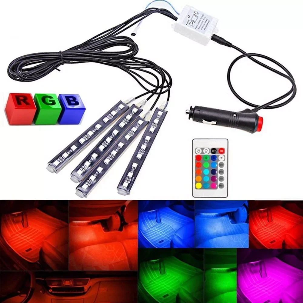 

4pcs 5050 9 LED Remote Control Cigarette Lighter Colorful RGB Car Interior Floor Atmosphere Light Strip Double-side Adhesive Tap