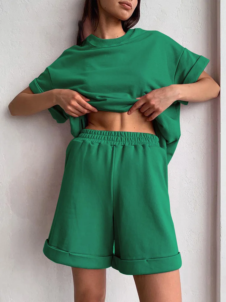 Women Casual Sports Two Piece Set Solid Color Fashion Short Sleeve Sweatshirt Straight Pants Shorts Popular Sports Suit
Women Casual Sports Two Piece Set Solid Color Fashion Short Sleeve Sweatshirt Straight Pants Shorts Popular Sports Suit