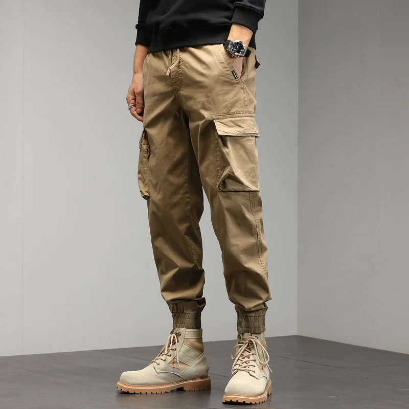 

Весна-Осень 2023, комбинезон с несколькими карманами, мужские хлопковые потертые повседневные брюки, молодежная Корейская мужская одежда, прямые штаны до щиколотки