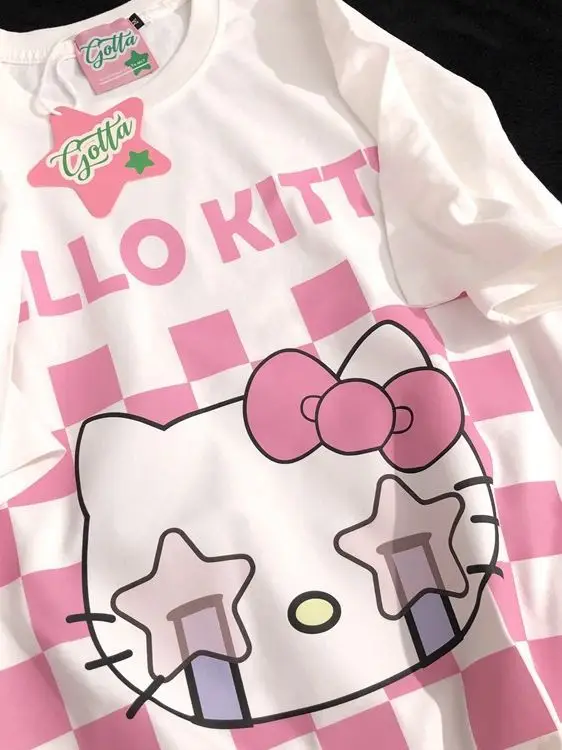 

American Vintage Sanrio Summer Girls Loose Casual Short Sleeve Cute Anime Hello Kitty Top Y2K Women's T-Shirt Pretty Girls Gift