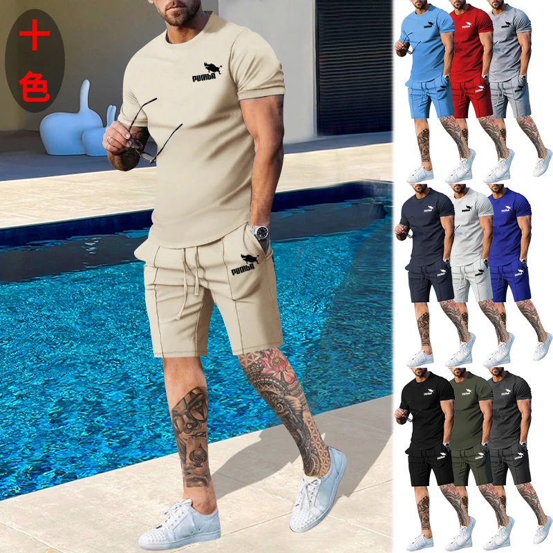 

2023 Summer Smooth Men's Suit Round Neck Casual Top + Sports Drawstring Elastic Waist Fitness Shorts Boutique Two-Piece Set