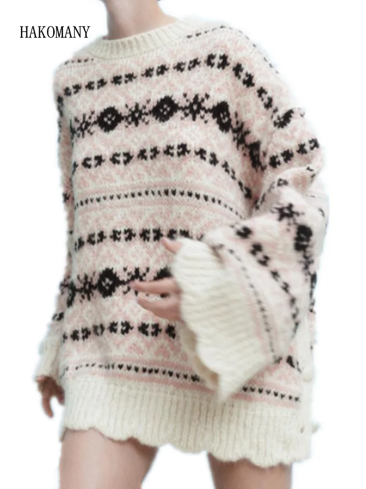 

2022 Women O Collar Full Sleeve Wood ears Edged Hem Slit Knitwear Loose Oversized Jumper Vintage Totem Geometric Knitted Sweater