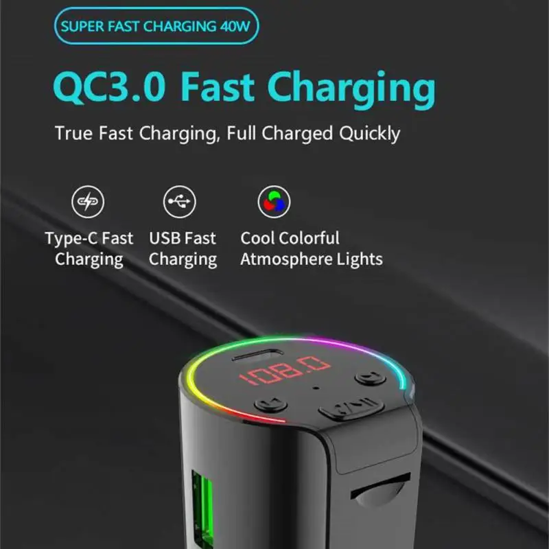 New Car Bluetooth Compatible Hands-free Card MP3 Player QC3 Fast Charge TYPE-C Charging Colorful Atmosphere Light Car Charger
New Car Bluetooth Compatible Hands-free Card MP3 Player QC3 Fast Charge TYPE-C Charging Colorful Atmosphere Light Car Charger