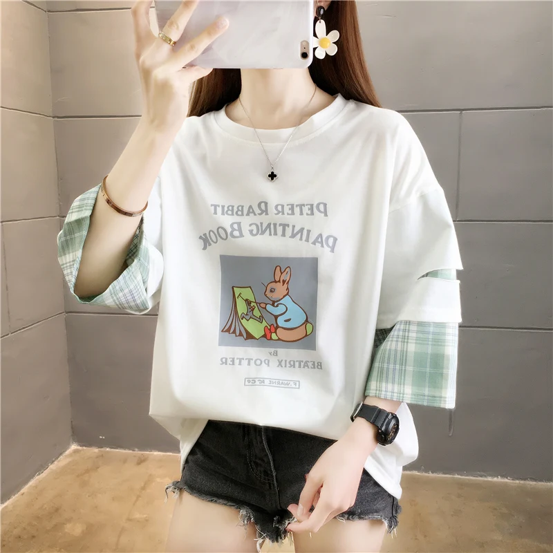 fake two Women T-shirt Summer cartoon printed plaid patchwork white Tops Harajuku cotton loose Casual Short Sleeve Woman T shirt 
fake two Women T-shirt Summer cartoon printed plaid patchwork white Tops Harajuku cotton loose Casual Short Sleeve Woman T shirt
