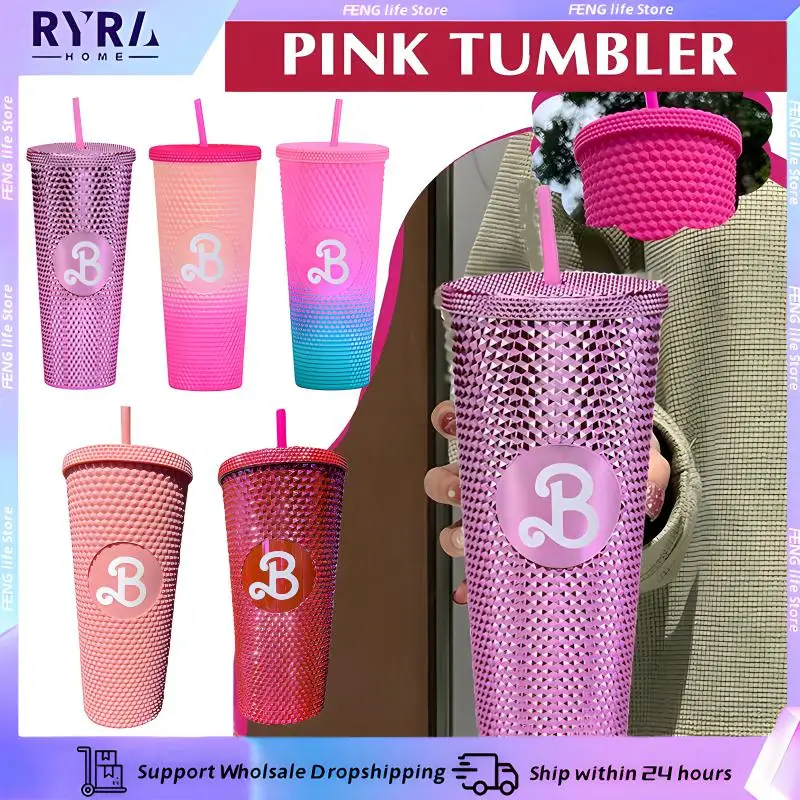 

710ml Barbi Diamond Durian Cup 24oz Studded Tumbler With Straw Portable Bling Bling Pink Drinking Water Bottle Christmas Gifts