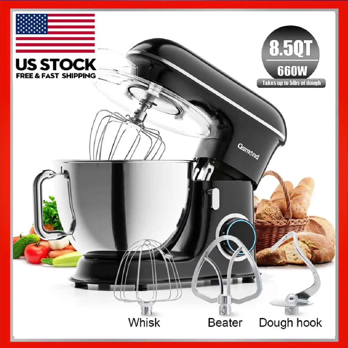 

OSMOND 8.5QT Food Stand Mixer 8L Stainless Steel Bowl 6-speed Kitchen Bread Maker Cream Egg Whisk Whip Dough Kneading Blender