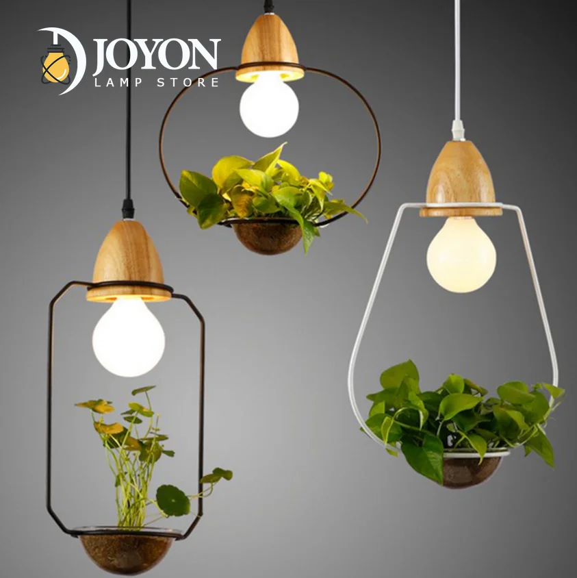 

Art Deco Led Plant Pendant Light with Wood Base E27 Creative Rustic Pot Culture Hanging Lamp for Dining Room Cafe Bar Restaurant