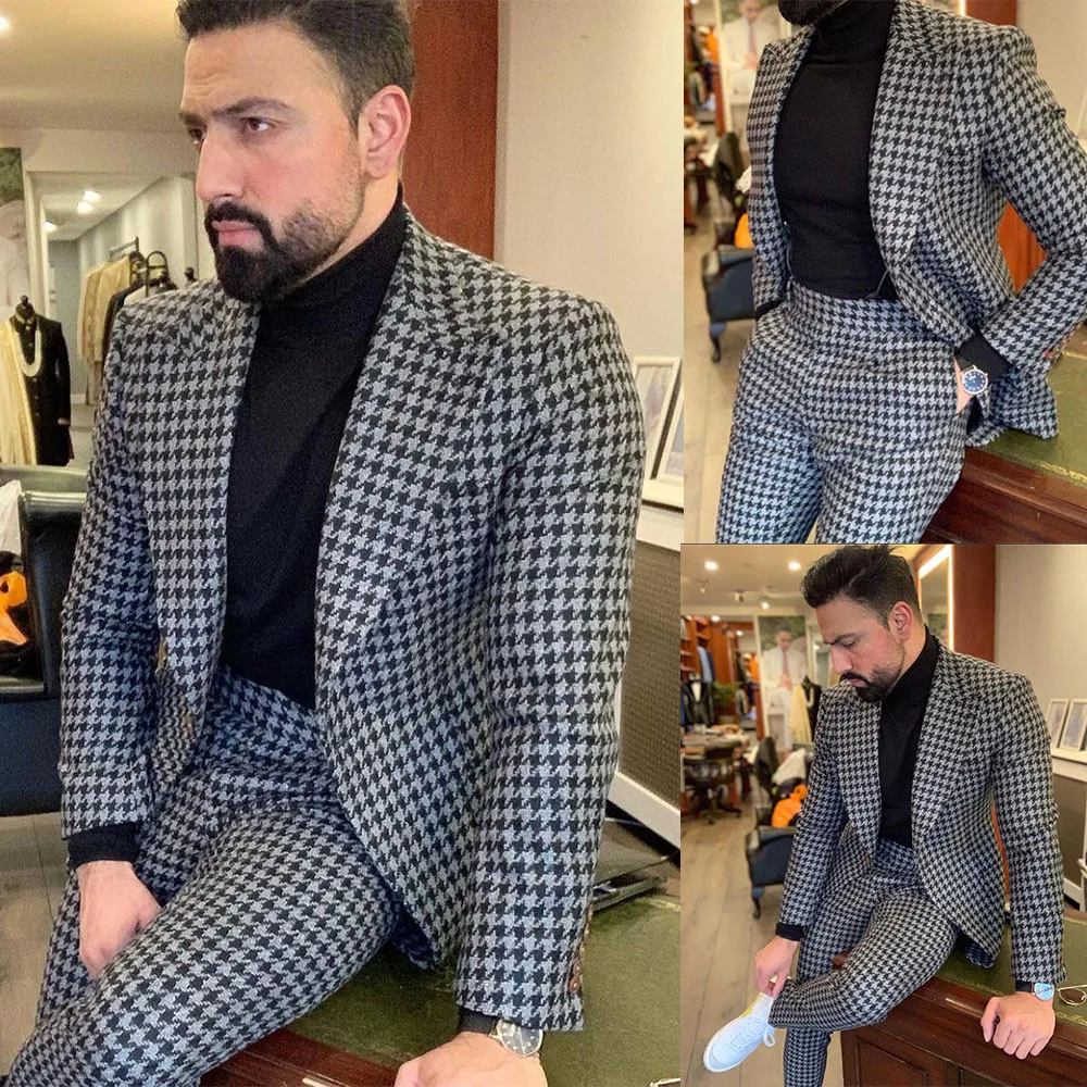 

Houndstooth Men Suits 2 Pieces Wool Warm Winter Woolen Tweed Check Groom Party Prom Blazer Business Wear Outfit Costume Homme