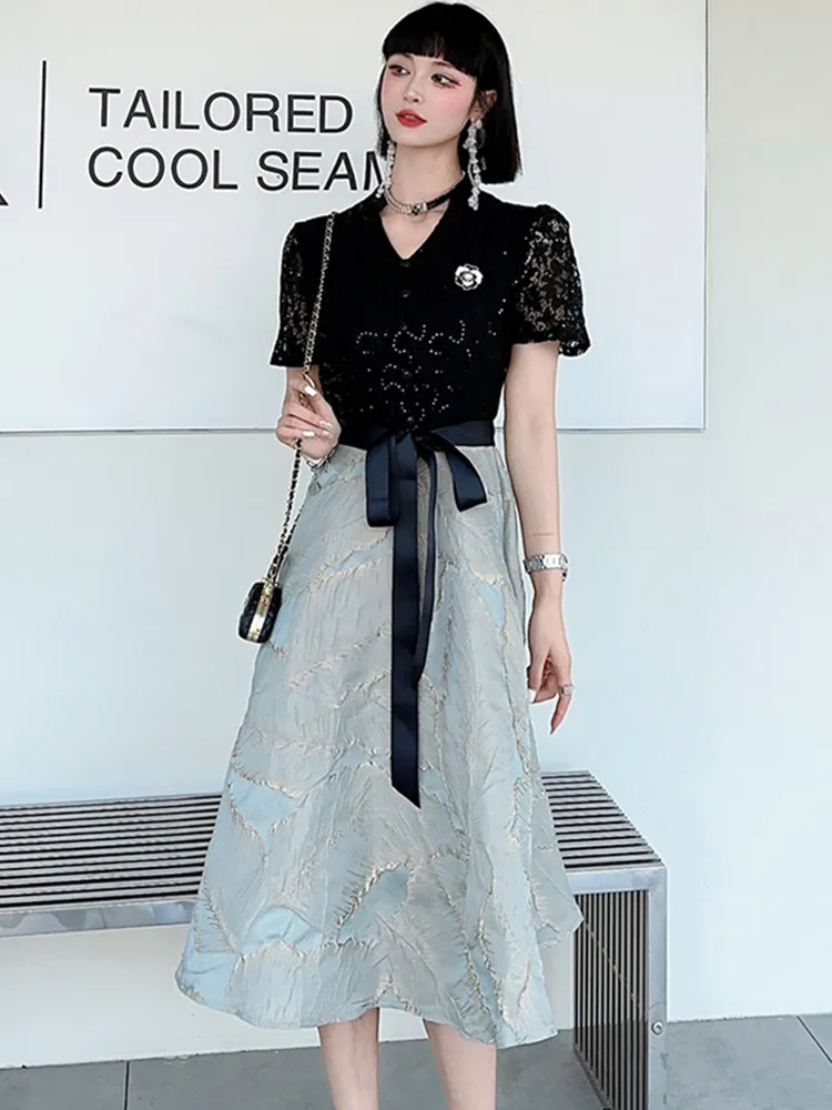 Светильник, роскошное кружевное платье с блестками, лоскутное жаккардовое платье, женское сексуальное винтажное платье с v-образным вырезом и коротким рукавом, элегантное платье на шнуровке 
Светильник, роскошное кружевное платье с блестками, лоскутное жаккардовое платье, женское сексуальное винтажное платье с v-образным вырезом и коротким рукавом, элегантное платье на шнуровке