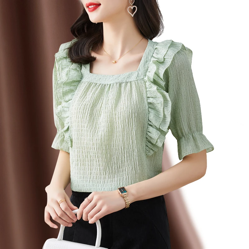 Chiffon Loose Shirt Solid Women's Blouse Summer Short Sleeve Casual Top Fashion Female 2022 New Ruffles Korean Style Clothing
Chiffon Loose Shirt Solid Women's Blouse Summer Short Sleeve Casual Top Fashion Female 2022 New Ruffles Korean Style Clothing