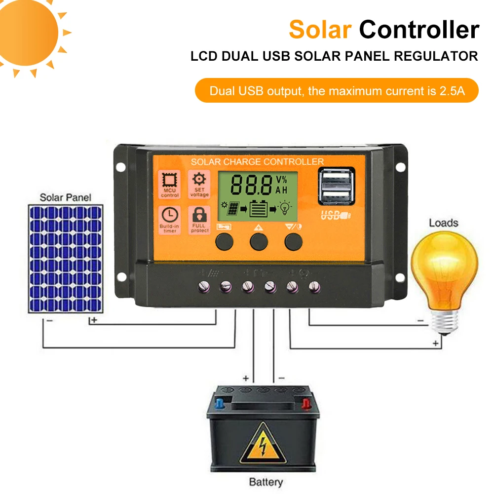 100A Solar Charge Controller 12V/24V Solar Panel Battery Regulator with LCD Display Dual USB Port Charge Solar Controller
100A Solar Charge Controller 12V/24V Solar Panel Battery Regulator with LCD Display Dual USB Port Charge Solar Controller