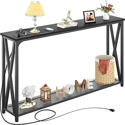 

Console Table with LED Strip Light & Recessed Power Strip, 47 Inch Sofa Entry Table with 2 AC Outlets & 2 USB Ports, Ind