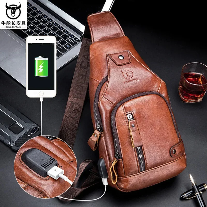 

2023 new 100% cowhide Leather Casual Crossbody Ch Bag men's leather bag USB Charging Travel Shoulder Bag Daypack Male