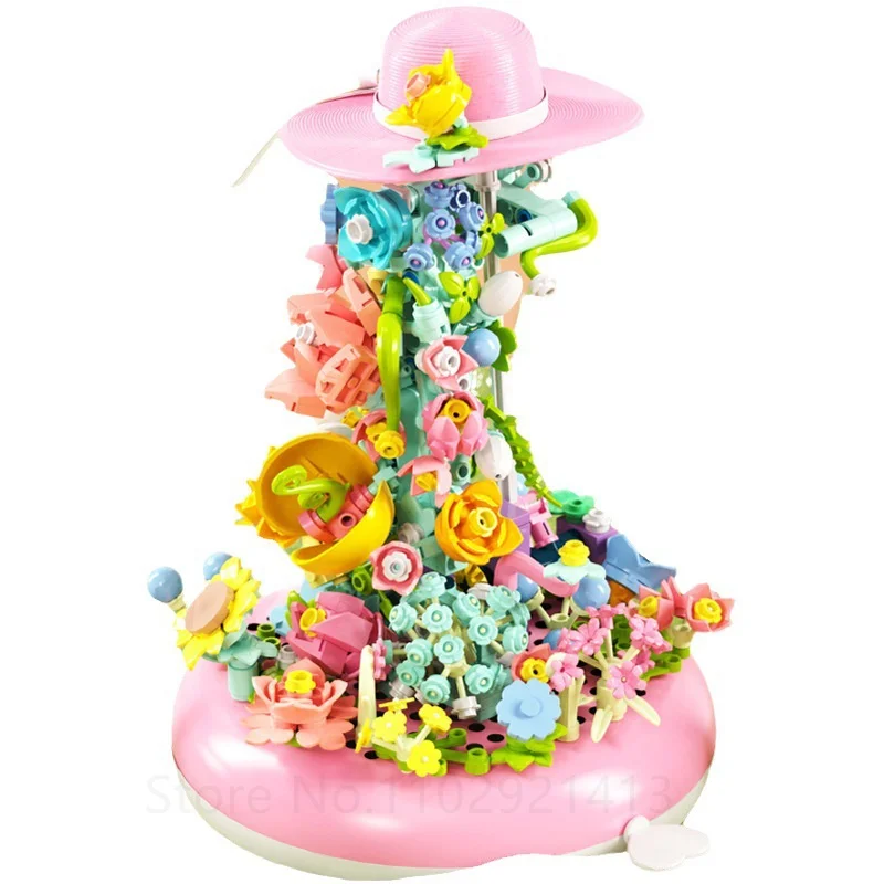 

Creative Flower Bouquet Building Blocks Music Box Assembled Small Particles Bricks Kids Toys for Girls Gifts New