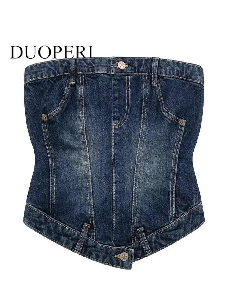 

Женский модный джинсовый однотонный корсет DUOPERI на молнии сзади, топы, винтажный женский шикарный Топ без бретелек с воротником-лодочкой