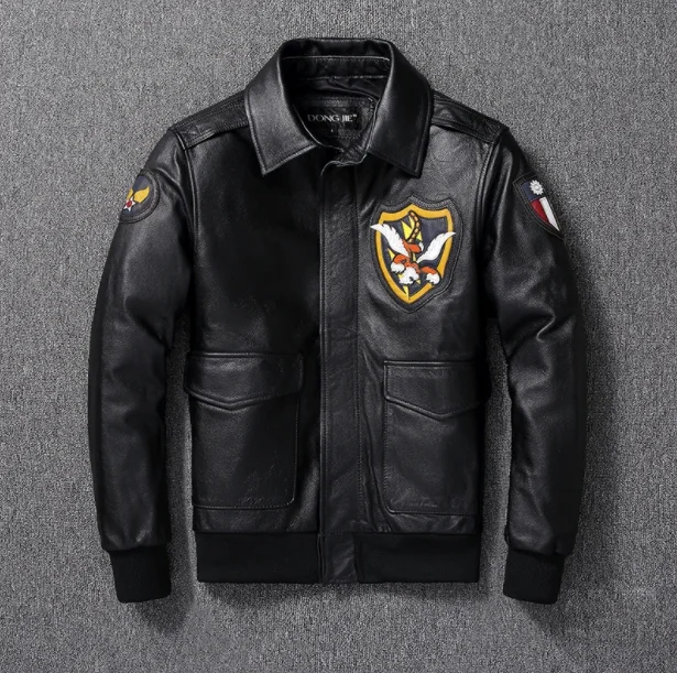 

Top Layer Calfskin Leather Jacket Men's Embroidered Multi-Standard Air Force Flight Suit Leather Jacket Coat Large Size