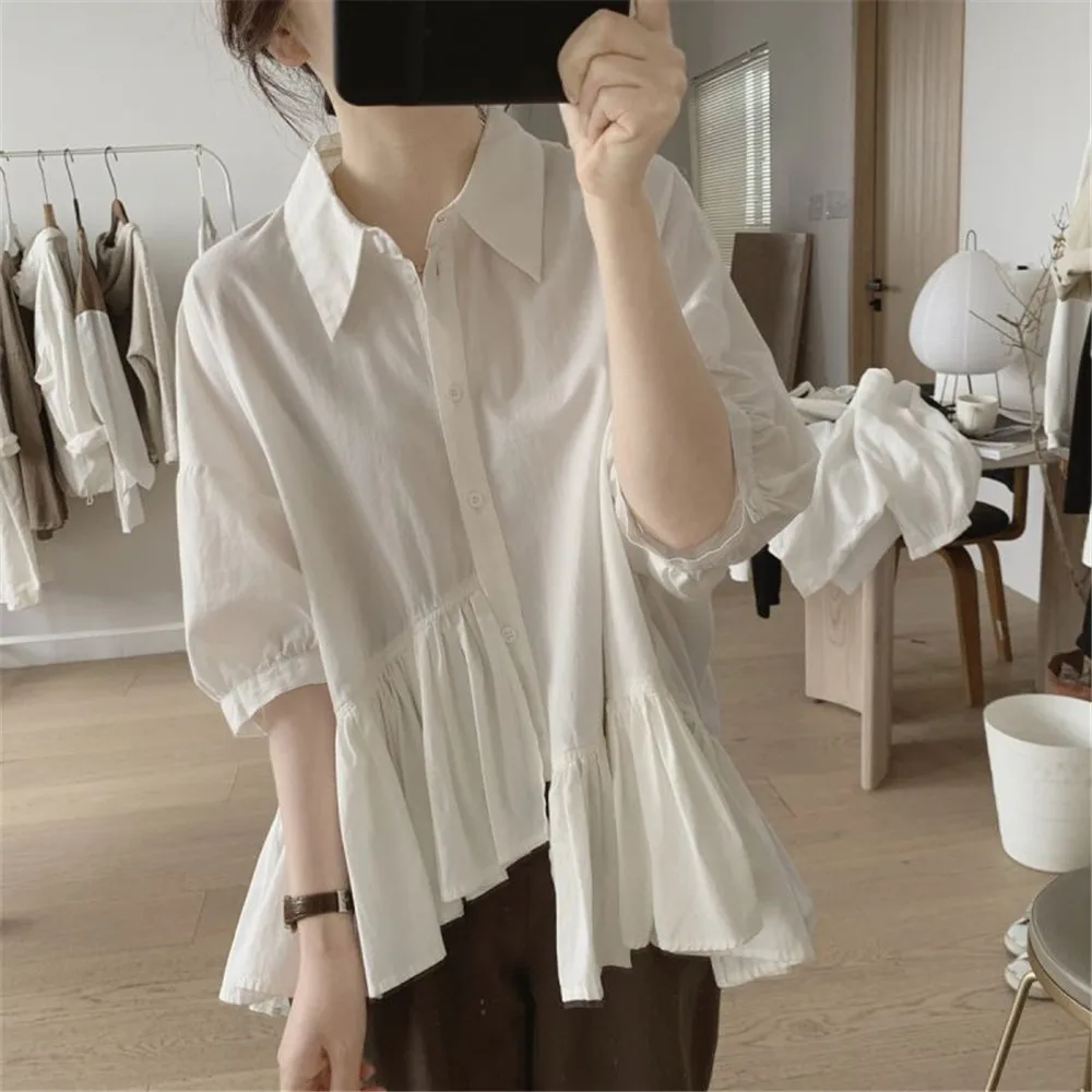 Fashion Women Minimalism Blouse Half Sleeve Single-breasted Lapel Slim Pleated Patchwork Elegant Chic Fresh Ladies Leisure Tops
Fashion Women Minimalism Blouse Half Sleeve Single-breasted Lapel Slim Pleated Patchwork Elegant Chic Fresh Ladies Leisure Tops
