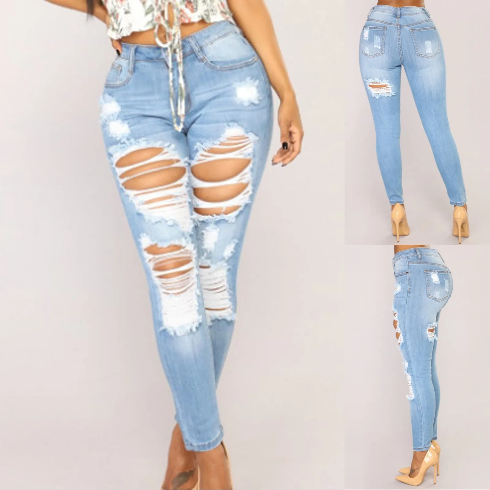 Соблазнительные рваные джинсы с высокой талией для женщин, Новинка лета 2021, модные однотонные облегающие брюки 
Соблазнительные рваные джинсы с высокой талией для женщин, Новинка лета 2021, модные однотонные облегающие брюки