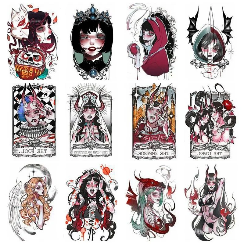 16 Styles Punk Devil Girls Temporary Tattoos Dark Demon Cool Queen Women Cartoon Fake Tattoo Waterproof Stickers to Arm Body Leg
16 Styles Punk Devil Girls Temporary Tattoos Dark Demon Cool Queen Women Cartoon Fake Tattoo Waterproof Stickers to Arm Body Leg
