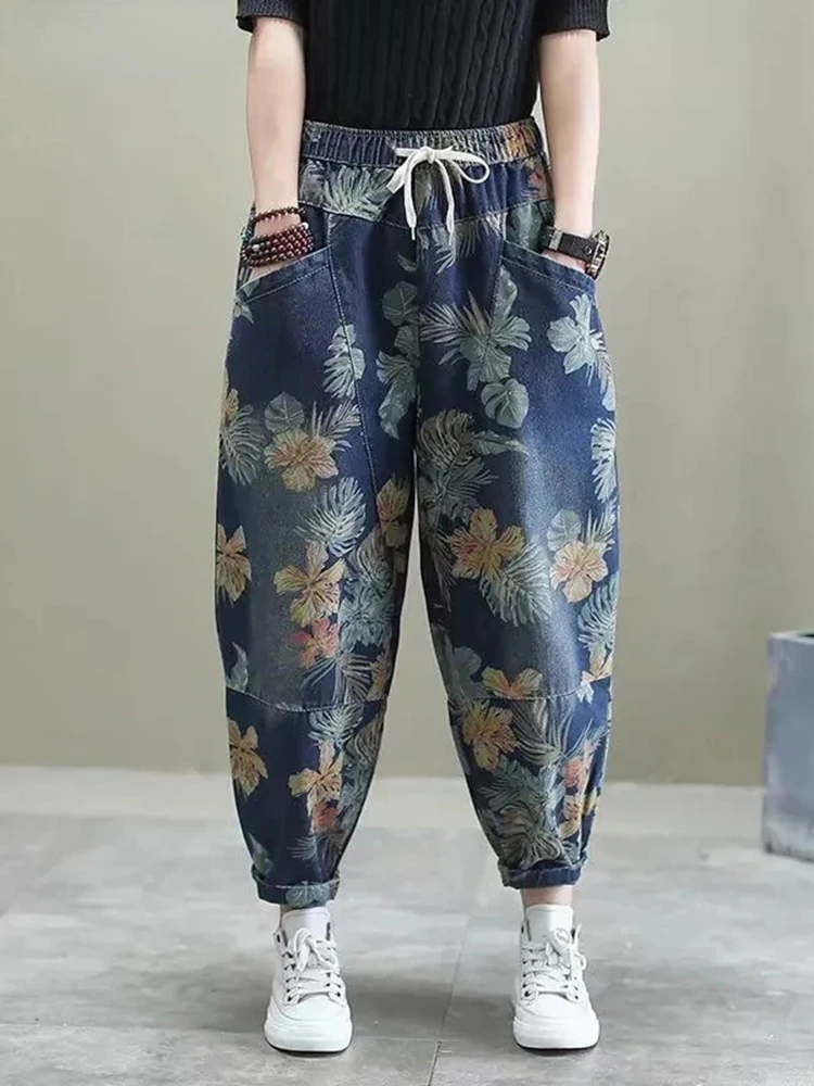 

Streetwear Baggy Printted Ankle-length Jeans Women Oversized Flower Harem Denim Pants High Wasit Vaqueros Retro Jeansy Pantalon