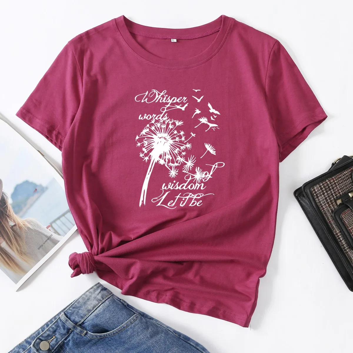 Футболка женская Whisper Words of Wisdom Let It Be Dandelion, футболки с коротким рукавом, футболка из женские летние топы хлопка с графическим рисунком
Футболка женская Whisper Words of Wisdom Let It Be Dandelion, футболки с коротким рукавом, футболка из женские летние топы хлопка с графическим рисунком