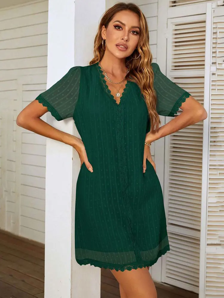 2023 Summer Casual Lace Dress Women V Neck Short Dresses Ladies Loose Mesh Dots Dresses for Women 
2023 Summer Casual Lace Dress Women V Neck Short Dresses Ladies Loose Mesh Dots Dresses for Women