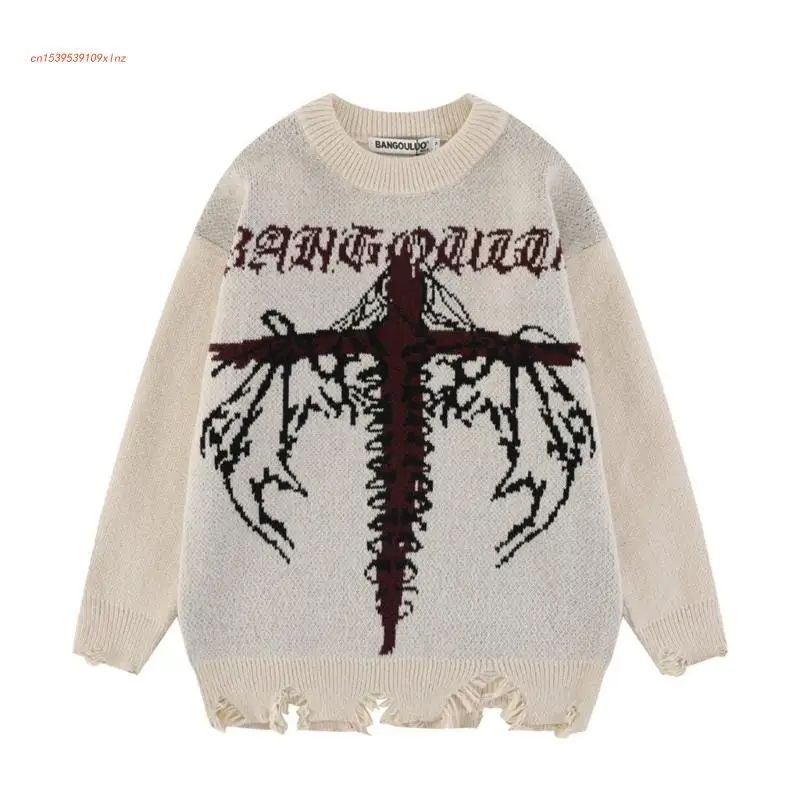 

Mens Harajuku Gothic Crosses Wing Jacquard Sweater Crewneck Oversize Loose Ripped Knitwear Pullover Tunic Top Streetwear