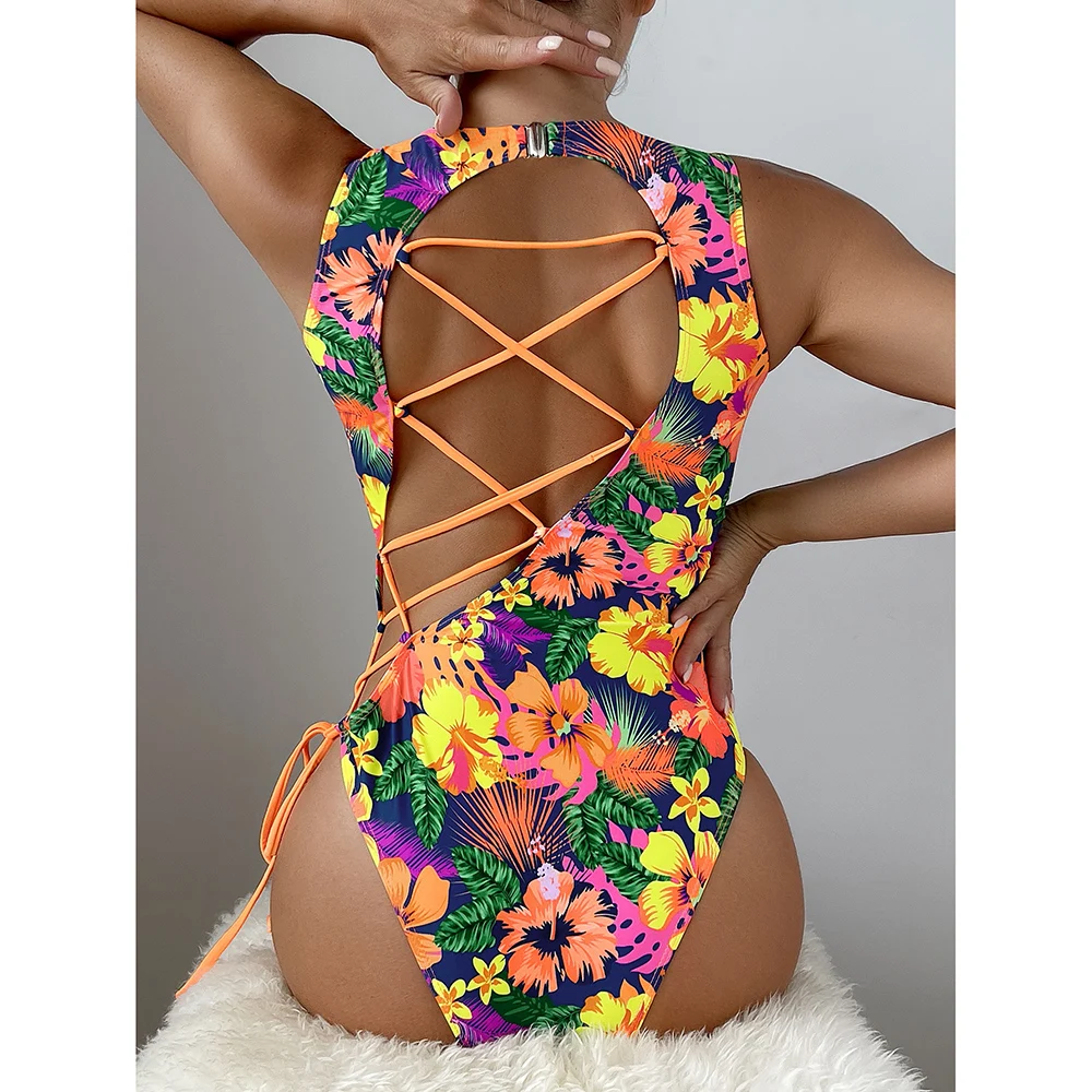 

Random Tropical Floral One Piece Swimsuit For Women Lace Up Backless Swimwear 2023 New Bathing Suit Trikini Triquini Mulher