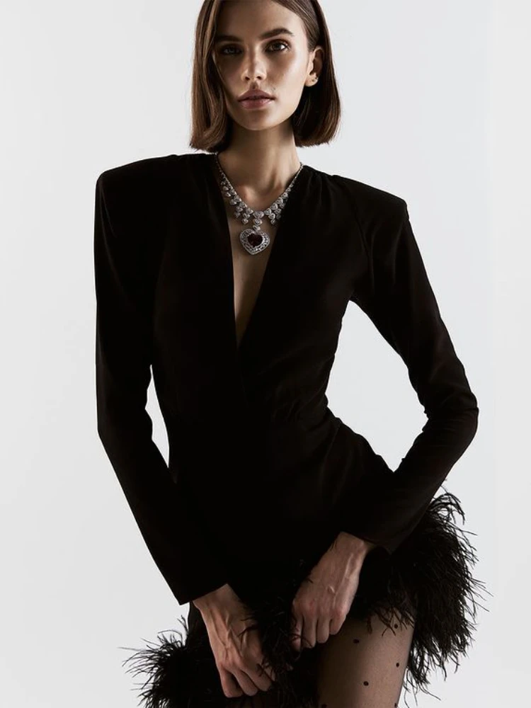 Winter Elegant Feather Deep V Bandage Dress for Women Autumn Fashion Black Long Sleeve Sexy Club Party Mini Bodycon Dresses
Winter Elegant Feather Deep V Bandage Dress for Women Autumn Fashion Black Long Sleeve Sexy Club Party Mini Bodycon Dresses