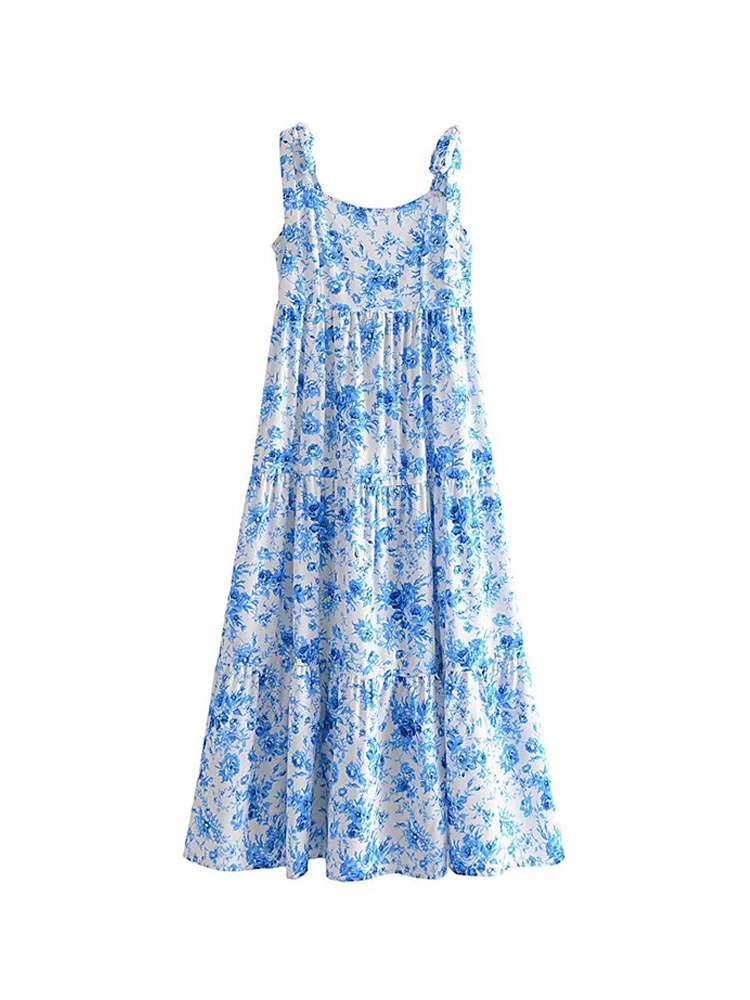 Women Strappy Camisole Backless Dress Summer Sleeveless Elastic Spliced A-line Floral Print Midi Dresses 2022 
Women Strappy Camisole Backless Dress Summer Sleeveless Elastic Spliced A-line Floral Print Midi Dresses 2022